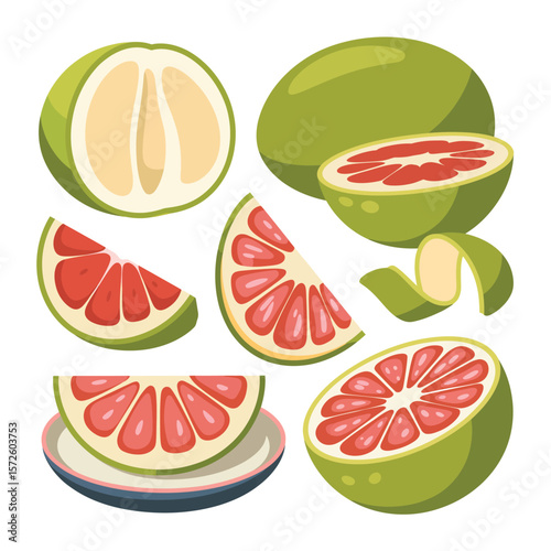  Fresh ripe grapefruit slices and whole fruit collection