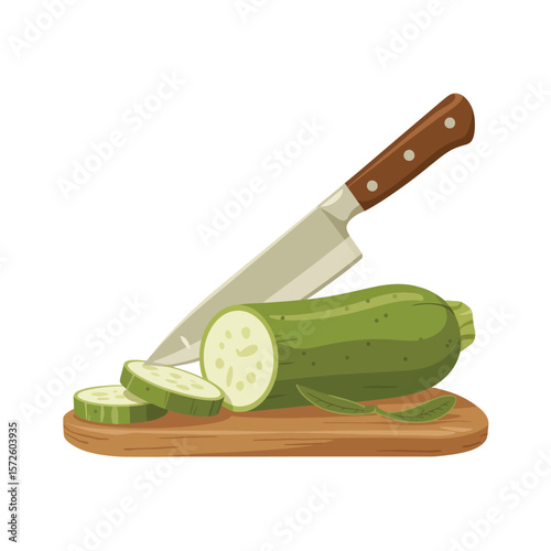  Chef knife slicing fresh zucchini on a wooden cutting board