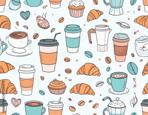 Pastel Coffee And Croissant Seamless Pattern