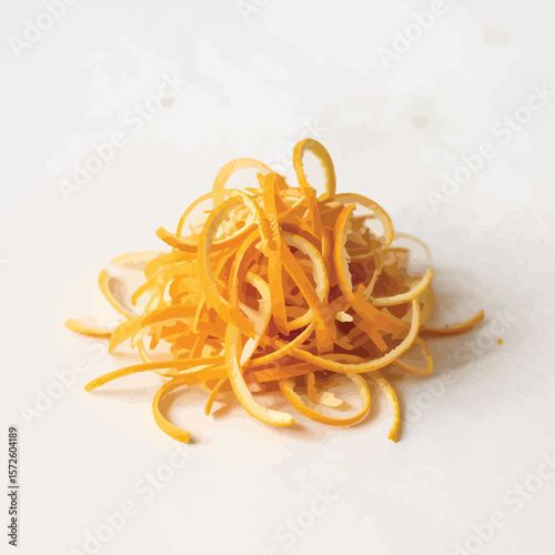 Pile of freshly zested orange peels on a white background