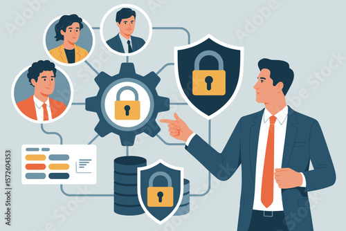 Businessman explaining data security and network protection with digital icons