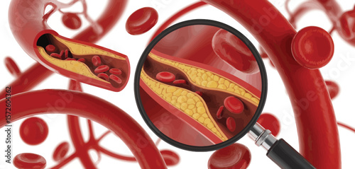 Magnified view of artery cross section showing plaque buildup and red blood cells