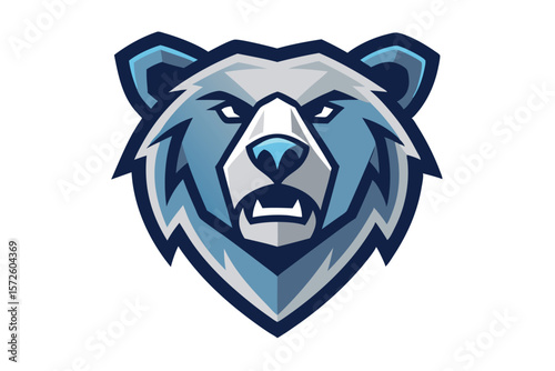 Isolated illustration showcases an intimidating bear head with sharp teeth in cool blue tones
