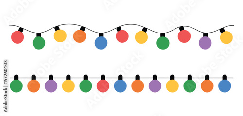 Festive string lights with colorful round bulbs on a white background
