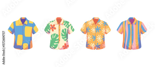Four colorful short sleeve button up shirts with tropical patterns and stripes