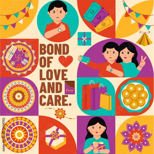 Creative flat trendy minimal style background design with gifts, sweets, oil lamp, and Rakhi vector illustration. Happy Raksha Bandhan indian festival celebration.