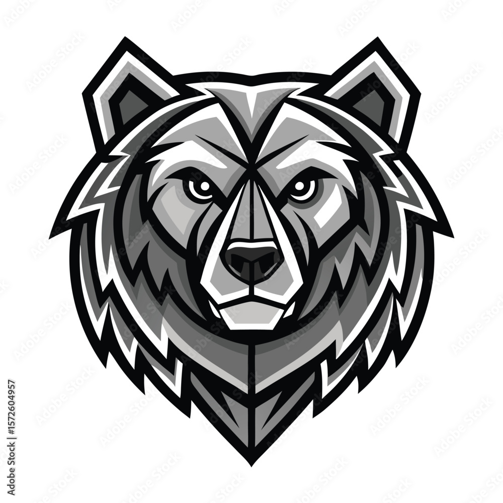 Fototapeta premium Grayscale bear head with striking gaze presents a powerful and geometric face
