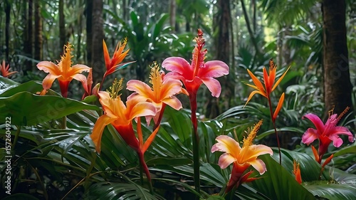 A vibrant display of tropical flowers with lush green foliage in a dense jungle setting outdoors