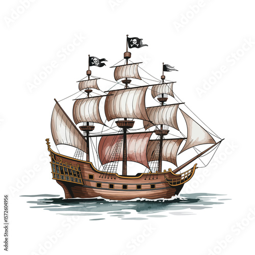 Vintage Illustration of a Majestic Pirate Ship