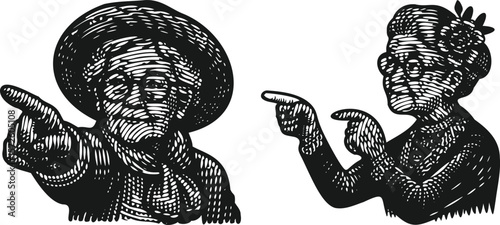  Monochrome lined effect black vector bundle featuring grandma pointing finger direction, elderly woman gesture illustration, vintage style outline drawing for design projects