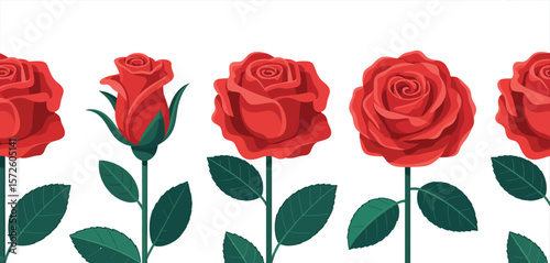 Red Rose Seamless Pattern with Buds and Leaves