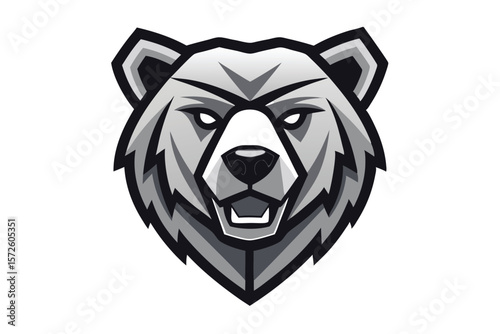 Gray bear head with a fierce expression outlined in black on white shows power