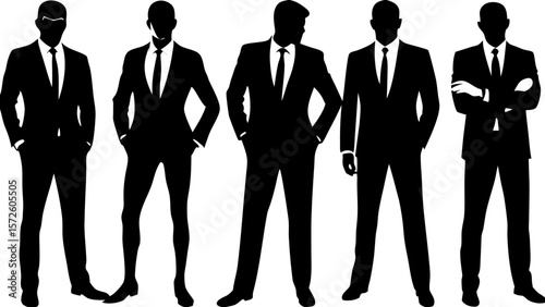Five diverse businessmen silhouettes standing confidently in suits and ties