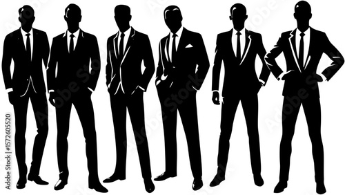 Group of six businessmen standing in suits with white background silhouette