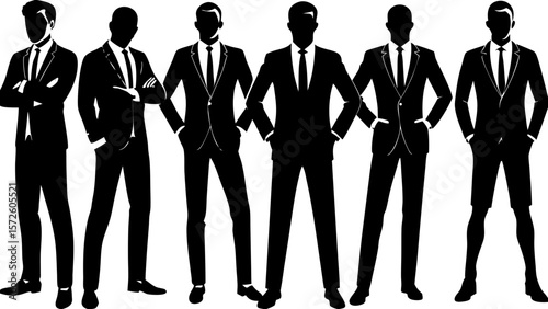 Group of six businessmen in suits standing with confidence and different poses