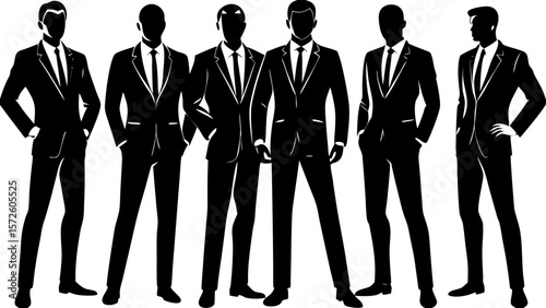 Group of six businessmen in black suits standing confidently against a white background