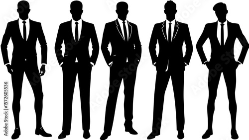 Five diverse male silhouettes in black suits and ties standing against a white background