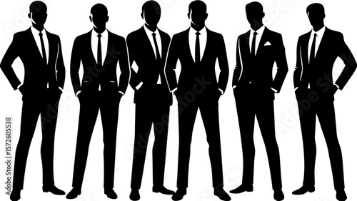 Six diverse male silhouettes in black suits standing confidently with hands in pockets