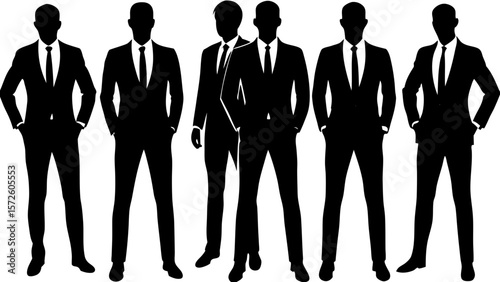 Group of six businessmen in black suits standing together on white background
