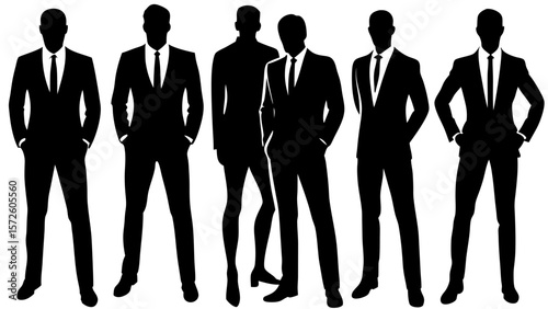 Six diverse business people standing together in silhouette against a white background