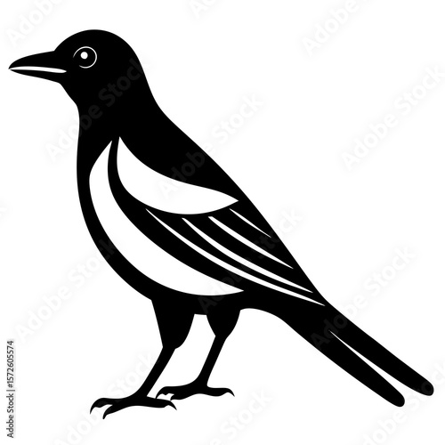 Stylized black and white graphic illustration of a magpie bird