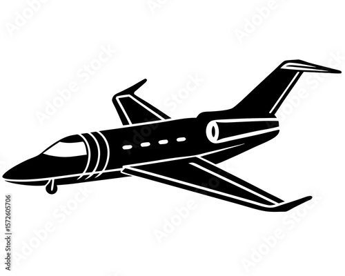 Black silhouette of a modern private jet airplane in flight