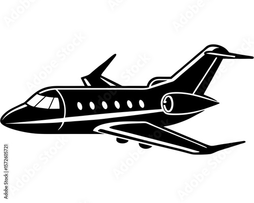 Sleek black silhouette of a modern private jet in flight