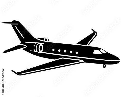 Sleek black silhouette of a private jet airplane in flight against a white background