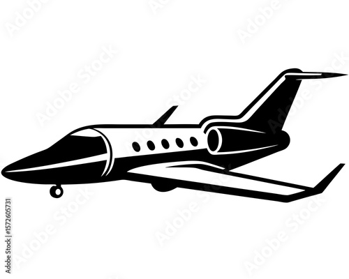 Sleek black and white illustration of a modern private jet airplane in flight