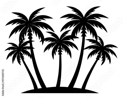 Silhouette of five palm trees on a small island against a white background
