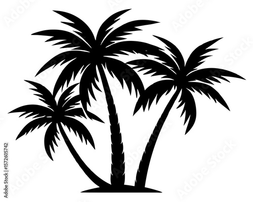 Three black silhouette palm trees against a white background