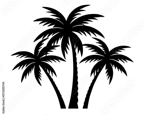 Silhouette of three tropical palm trees against a white background