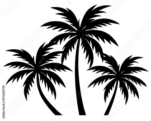 Silhouette of three tropical palm trees against a white background