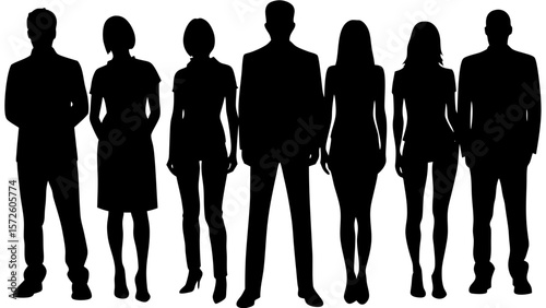 Diverse group of business professionals standing together in silhouette against white background