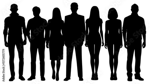 Diverse group of people silhouettes standing together against white background