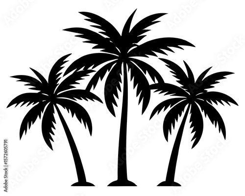 Three black silhouette palm trees on a white background isolated