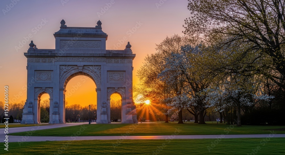 Fototapeta premium Memorial arch with sunrise on green lawn
