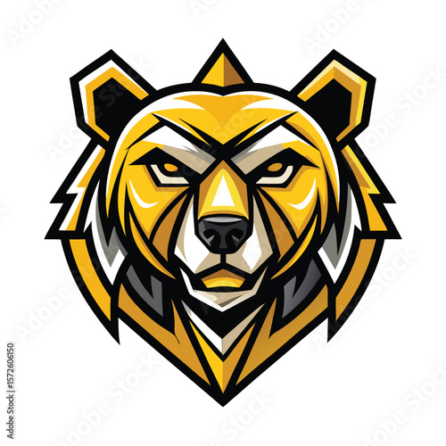 Intense golden bear head radiates power with geometric lines against a stark white background