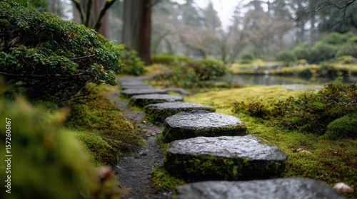 Tranquil garden pathway with mossy stones leading to a peaceful pond in a lush green, serene setting.