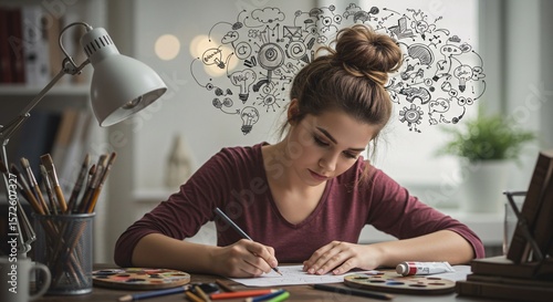 Creative person drawing with ideas floating from head