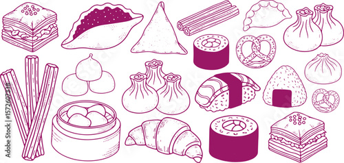 Diverse hand drawn food illustrations featuring baklava dumplings sushi croissant pretzels onigiri and more in a whimsical style