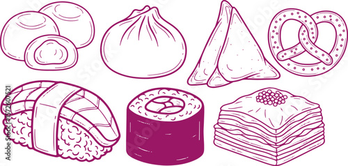 A delightful assortment of international food items including sushi dumplings samosas baklava and a pretzel in a simple hand drawn style