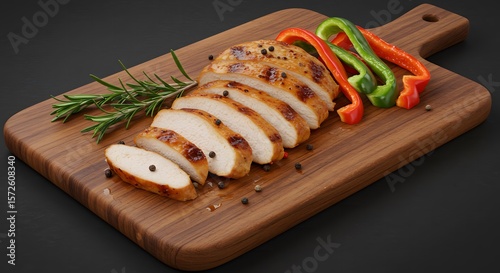 Sliced Grilled Chicken Breast on Wooden Board
