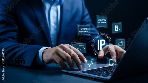 Man in blue suit using laptop with digital interface businessman intellectual property