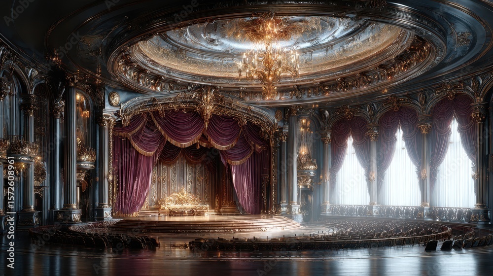 Obraz premium Opulent Theater Interior with Stage, Chandelier, and Red Velvet Curtains