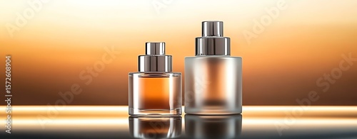Two elegant perfume bottles with sunset backdrop.