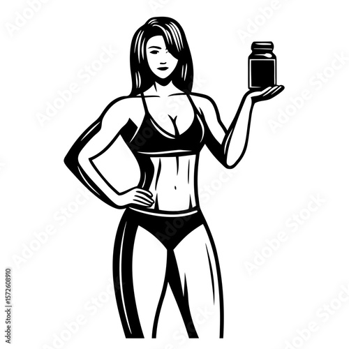 Fit woman holding a supplement bottle in sportswear with confidence  