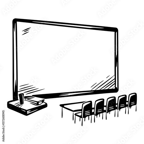 Empty whiteboard in meeting room with chairs arranged in front  