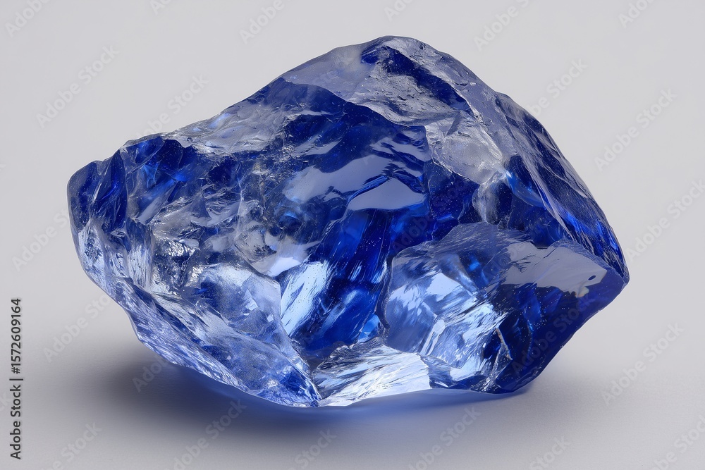 Fototapeta premium Raw blue sapphire crystal uncut on light background, Natural rough sapphire stone with rich blue hues, Geology mineral collection jewelry concept