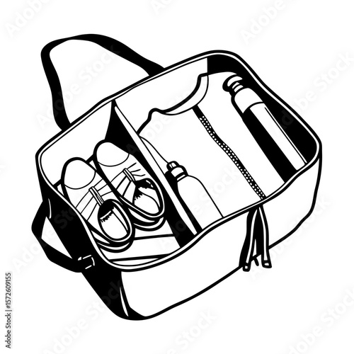 Gym bag with open zipper containing shoes and bottles for fitness  
